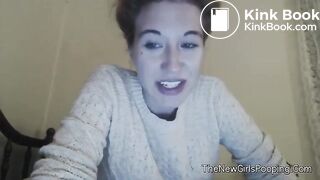 Cute teen girl sits on the toilet in front of the camera. She starts poopin