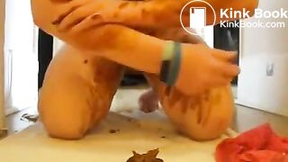 Thong shit - sexy babe pooping on doggy pose - scat smearing