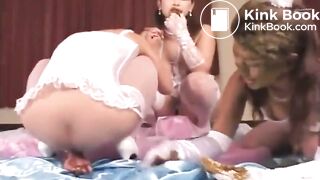 Two cute bridesmaids eat a bride's shit and drink her piss