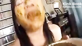 Japanese scat woman gobbles down a dirty meal