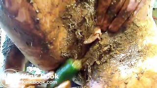 Russian slut sticks cucumber up ass and then eats it