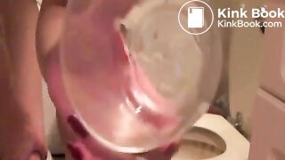 Girl fills up a glass with her poo