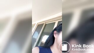 Beautiful brunette with a hairy pussy takes a shit in t