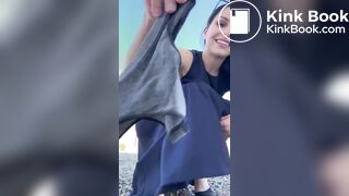 Beautiful brunette with a hairy pussy takes a shit in t