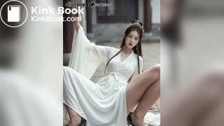 A girl in white traditional Chinese clothing defecates
