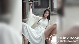 A girl in white traditional Chinese clothing defecates
