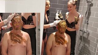 Two mistresses rubbing shit on slave