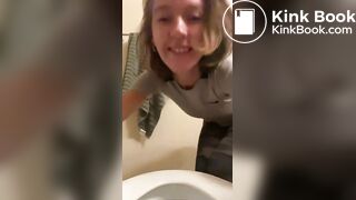 Cute girl pulls down pants for a quick toilet poop
