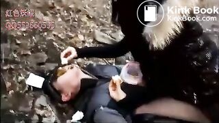 chinese mistress shits on slave outside