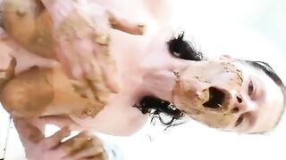 Smearing shit on her boobs and face