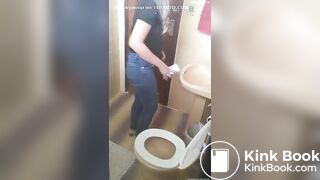 Sexy Latina girl wet poop in restaurant toilet