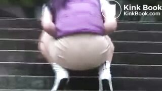 shit dripping down pantyhose in public