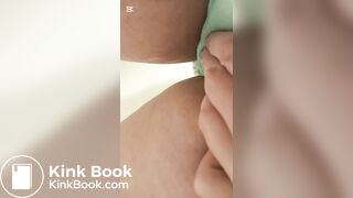 Pooping panties on toilet lid and playing with it