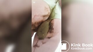 Pooping panties on toilet lid and playing with it