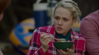 Women in tv show poops in a trash can