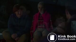 Women in tv show poops in a trash can
