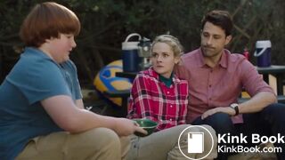Women in tv show poops in a trash can