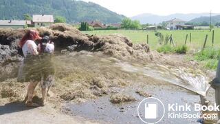 Two girls sprayed with cowshit by a slurry tanker