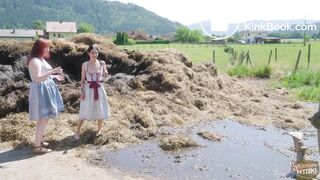 Two girls sprayed with cowshit by a slurry tanker