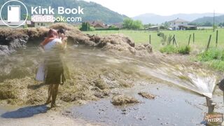 Two girls sprayed with cowshit by a slurry tanker