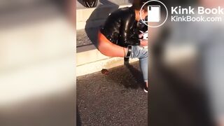 Beautiful female rider poops outdoors.