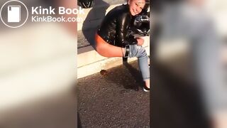 Beautiful female rider poops outdoors.