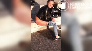 Beautiful female rider poops outdoors.