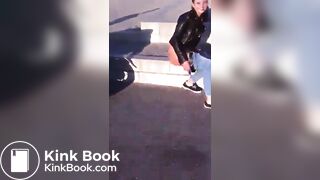 Beautiful female rider poops outdoors.