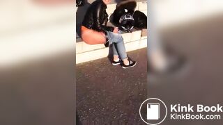 Beautiful female rider poops outdoors.