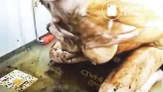 Hot pierced blonde enjoys playing in her shit and piss