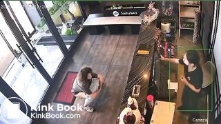 Woman CCTV poop in lobby of Asian restaurant