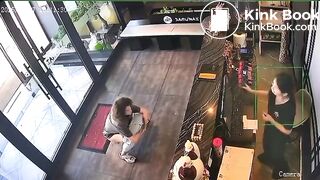 Woman CCTV poop in lobby of Asian restaurant