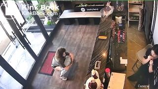 Woman CCTV poop in lobby of Asian restaurant