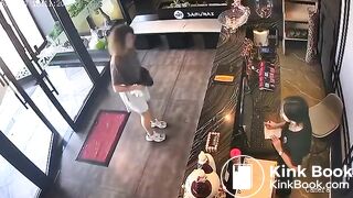 Woman CCTV poop in lobby of Asian restaurant