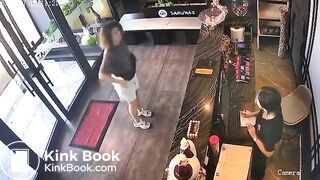 Woman CCTV poop in lobby of Asian restaurant