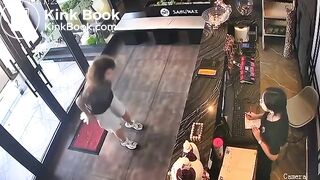 Woman CCTV poop in lobby of Asian restaurant