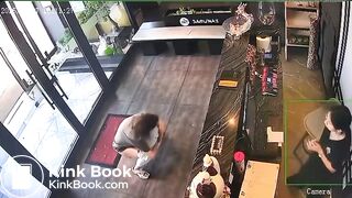 Woman CCTV poop in lobby of Asian restaurant