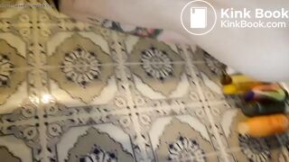 Skinny and tattoed woman shits in her bath