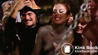 Enchained man receive piss and poop from women