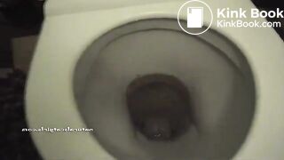 Squatting teen pooping on a toilet..