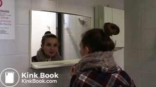 Women has diarrhea in public bathroom and gets embarras