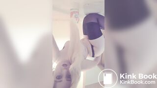 Blonde fills a small pot with her ass