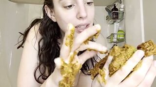 pawg takes a nasty shit in her hand & examines the pile