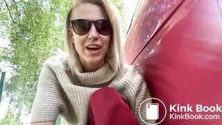 Woman pooping by the car