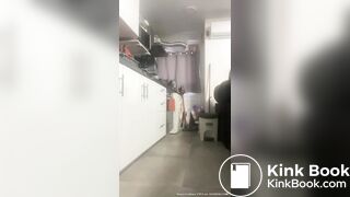 latina shits her jeans in kitchen